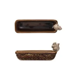 Hello Honey&reg; 9.25" Brown Reactive Glaze Squirrel & Debossed Weave Stoneware Dish