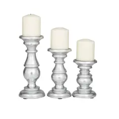 Mango Wood Traditional Candle Holder Set Silver
