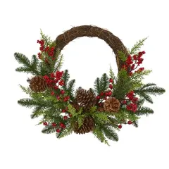 22" Mixed Pine with Berries & Pinecones Wreath