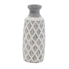 Coastal Gray And White Ceramic Jar Vase With Criss Cross Pattern, 16" x 6" x 6"