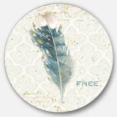 Designart - Damask Painted Gilded Feather on Blue - Traditional Metal Circle Wall Art