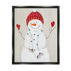 Stupell Industries Seasonal Snowman Smiling Red Hat Framed Floater Canvas Wall Art Black