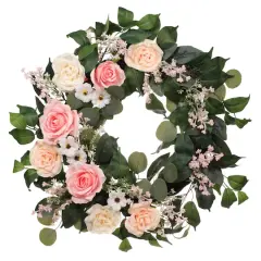 24" Pink Spring Camellia, Baby's Breath & Rose Wreath