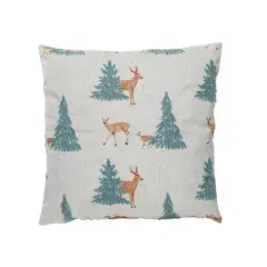 Hello Honey&reg; 16" x 16" Square Natural, Green & Brown Fabric Blend Pillow with Embroidered Deer & Trees