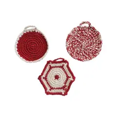 Hello Honey&reg; 8" Red & White Crocheted Cotton Pot Holder Set