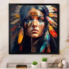Designart 'Colorful Native American Woman VI' Contemporary Glam Framed Canvas Wall Art Thick Black
