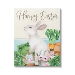 Stupell Industries Happy Easter Bunny Rabbit Greens Eggs Basket Canvas Wall Art