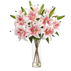 25" Artificial Pink Lily Arrangement with Cylinder Glass Vase