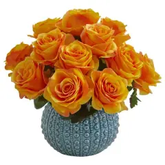 11.5" Orange Rose Arrangement in Blue Ceramic Vase