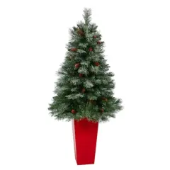 55" Unlit Snowed French Alps Mountain Pine Artificial Christmas Tree In Red Tower Planter