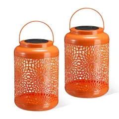 Glitzhome&reg; 8.75" Metal Cutout Solar Powered Hanging Lantern Set Orange