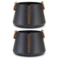 9" Iron Metal Vases with Leather Accents, 2ct.