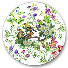 Designart - Tropical Birds With On Blooming Tree - Traditional Metal Circle Wall Art