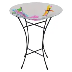 21" Hand Painted Glass Dragonfly and Flower Spring Outdoor Bird Bath