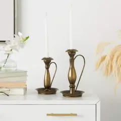 Bronze Metal Antique Style Candle Holder with Candle Plates & Handles Set