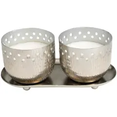 White Wax Vanilla Marshmallow Scented Candle Set with Cutout Spotted Silver Container and Oval Holding Tray