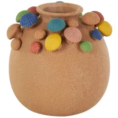 9" Brown Ceramic Round Wide Decorative Vase with Multicolor Mushroom Accents