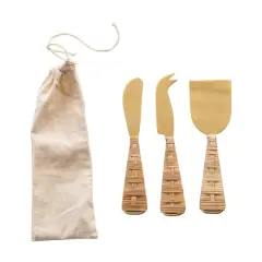 Hello Honey&reg; Gold Finish Stainless Steel Cheese Knives with Rattan Wrapped Handles Set