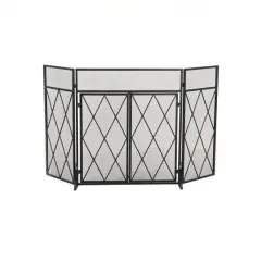 Black Metal Geometric Diamond 3-Panel 2 Door Fireplace Screen
