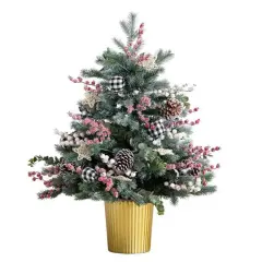 3ft. Pre-Lit Snow-Covered Artificial Christmas Tree in Golden Planter, Color-Changing LED Lights