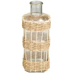 13" Clear Glass Handmade Vase with Light Brown Rattan Woven Body
