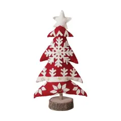 Hello Honey&reg; 12.5" Red & White Handmade Wool Felt Christmas Tree with Applique, Embroidery & Wood Base