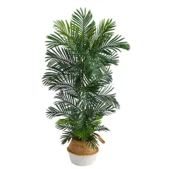 5ft. Areca Artificial Palm Tree in Boho Chic Handmade Cotton & Jute White Woven Planter UV Resistant (Indoor/Outdoor)