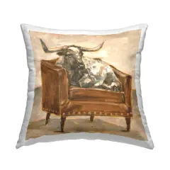 Stupell Industries Brown Bull Resting in Orange Brown Chair Throw Pillow 18" x 18"