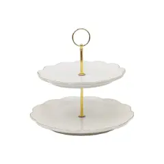 9" Gold-Edge Scalloped White Ceramic 2-Tier Tray by Ashland&reg;