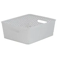 Simplify Medium Resin Wicker Storage Bin White