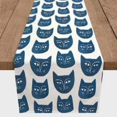 Blue Cat Face Pattern 16" x 72" Cotton Twill Runner