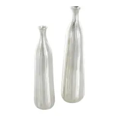Silver Decorative Aluminum Vase Set with Wavy Accents & Textured Ridges