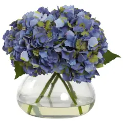 9" Blue Hydrangea Arrangement in Glass Vase