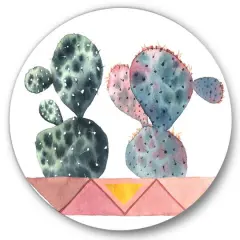 Designart - Cactus Duo In Pink Geometric Pots - Modern Metal Circle Wall Art