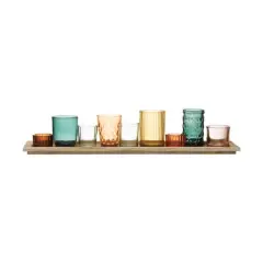 Hello Honey&reg; Glass Votive Candle Holders & Wood Tray Set Green and Orange