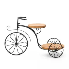 Glitzhome&reg; 24" Black Metal Tricycle Planter Stand with Solid Wood Tray