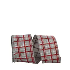 JAM Paper 2.5" x 10yd. Gray Wired Plaid Glitter Printed Stitch Ribbon