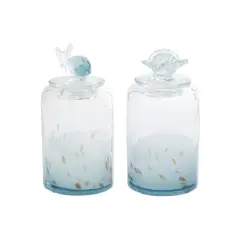 Set of 2" Blue Glass Contemporary Decorative Jars 5", 9"