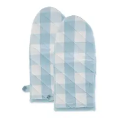 DII&reg; White & Light Blue Buffalo Check Kitchen Textiles Oven Mitts, 2ct.