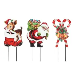 Glitzhome&reg; 24" Metal Glitter Santa, Reindeer & Candy Cane Yard Stake Set