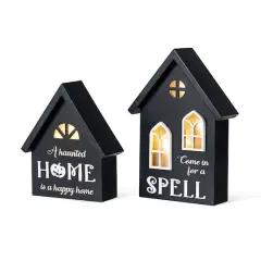 Glitzhome&reg; 8"H Lighted Halloween Wooden House-shaped Table Decor Set