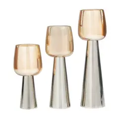 Contemporary Stainless Steel & Glass Candle Holder Set Silver