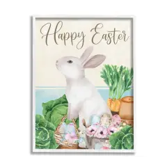 Stupell Industries Happy Easter Bunny Rabbit Greens Eggs Basket Framed Giclee Art White