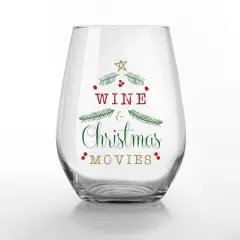 15oz. Wine & Christmas Movies Printed Stemless Wine Glass