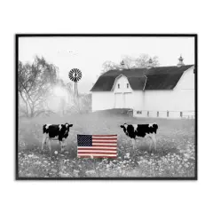 Stupell Industries Americana Barn Country Cows Flag Framed Giclee Art Black