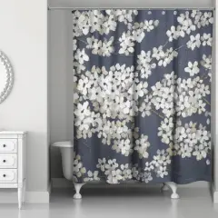 White Blossoms on Navy Shower Curtain