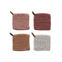 Hello Honey&reg; Solid Color Cotton Crocheted Pot Holder with Leather Loop Handle Set