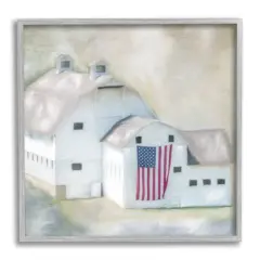 Stupell Industries American Flag White Farmhouse Barn Rural Countryside Framed Giclee Art Gray