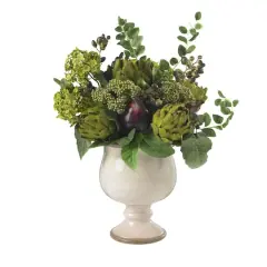 15" Artichoke & Hydrangea Arrangement in White Ceramic