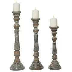 Light Gray Mango Wood Traditional Candle Holder Set